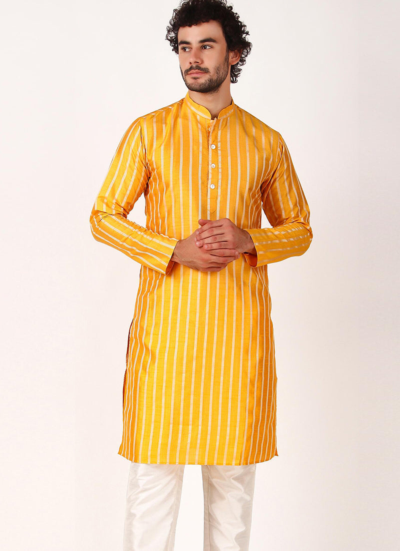 Art Silk Yellow Casual Wear Weaving  Readymade Kurta Pajama