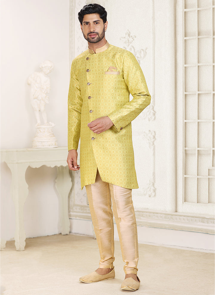 Yellow Banarasi Jacquard Festival Wear Weaving Indo Western