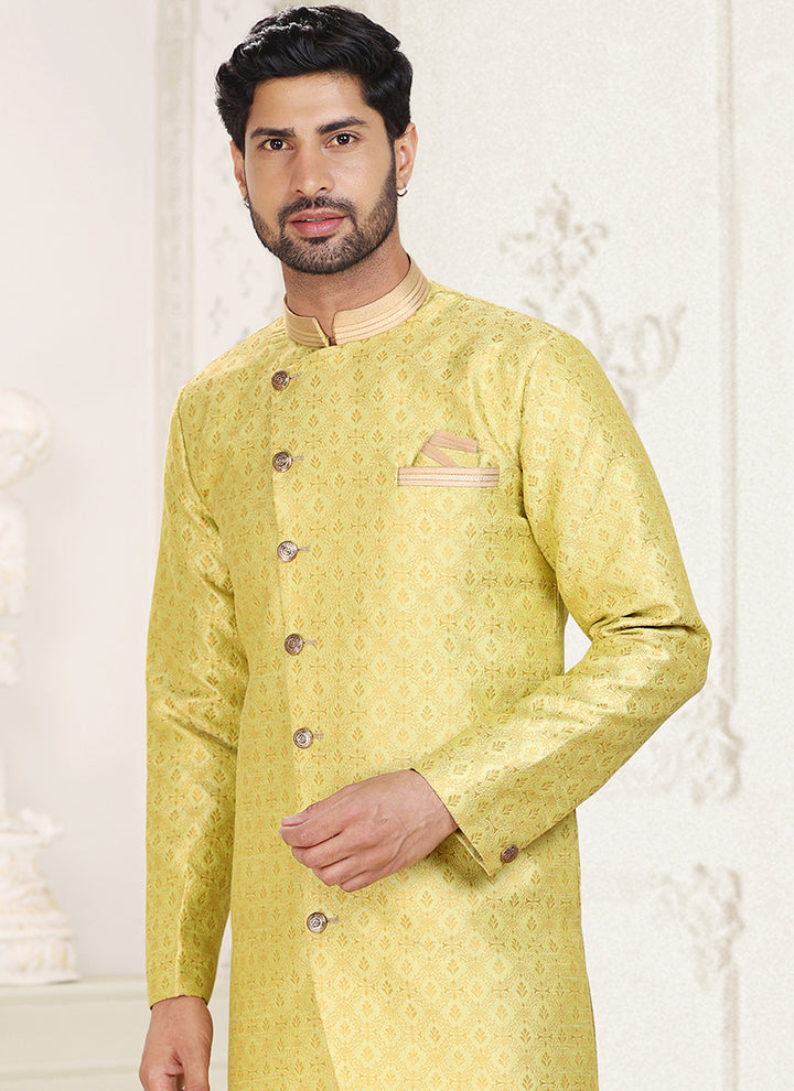 Yellow Banarasi Jacquard Festival Wear Weaving Indo Western