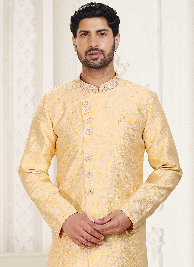 Yellow Banarasi Jacquard Wedding Wear Weaving Indo Western Sherwani