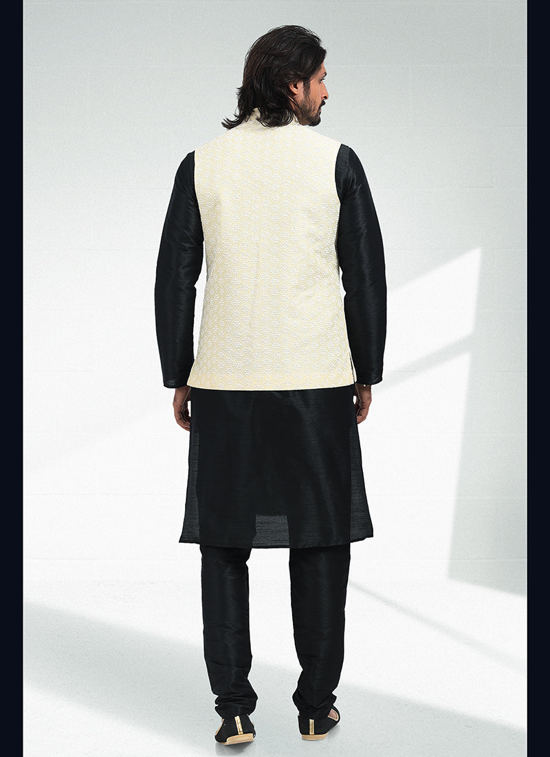 Yellow Banarasi Silk Festival Wear Jacquard Kurta Pajama With Jacket