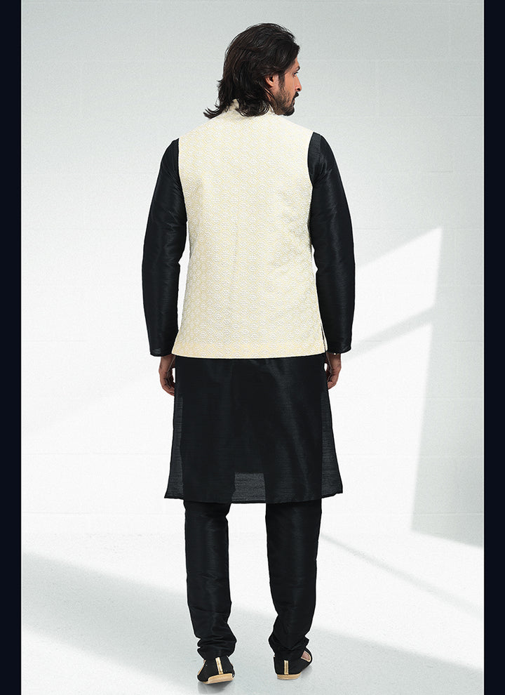 Yellow Banarasi Silk Festival Wear Jacquard Kurta Pajama With Jacket