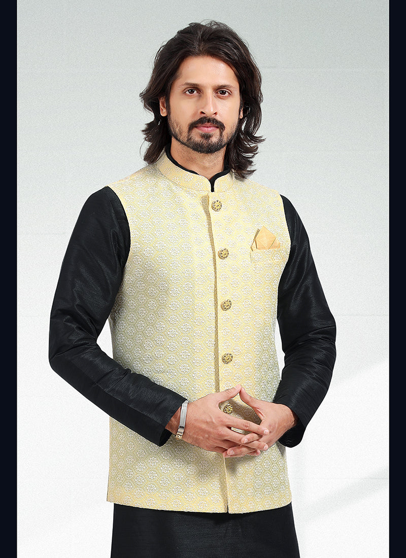 Yellow Banarasi Silk Festival Wear Jacquard Kurta Pajama With Jacket