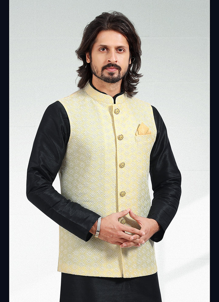 Yellow Banarasi Silk Festival Wear Jacquard Kurta Pajama With Jacket