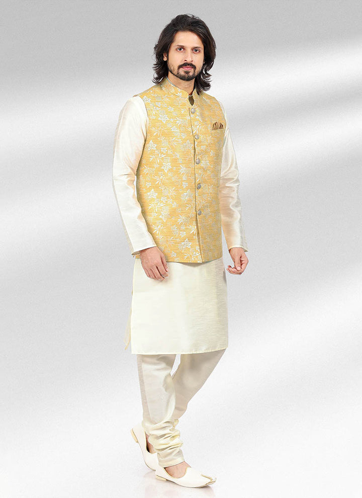 Yellow Banarasi Silk Traditional Wear Jacquard Kurta Pajama With Jacket