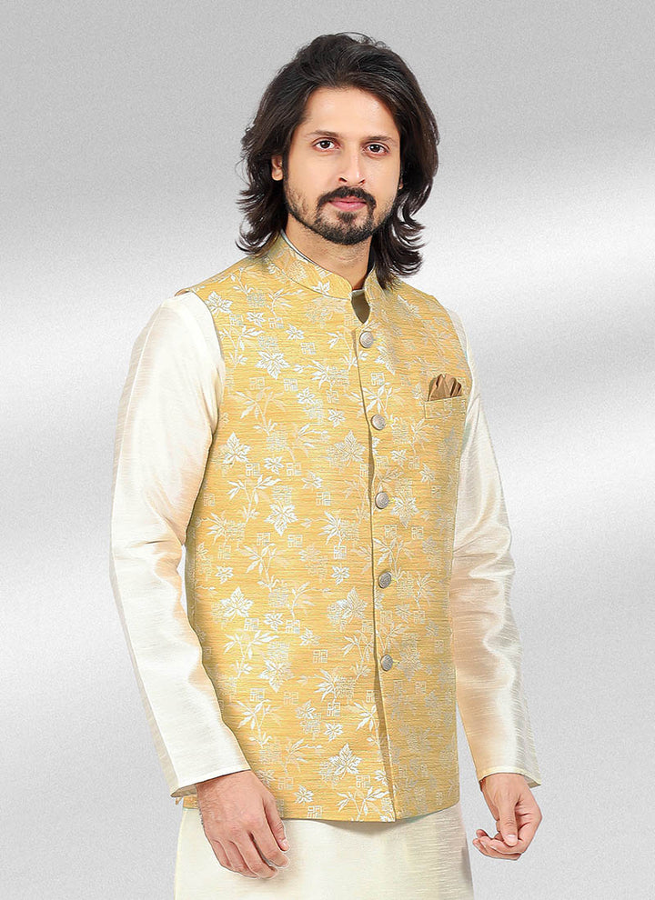 Yellow Banarasi Silk Traditional Wear Jacquard Kurta Pajama With Jacket