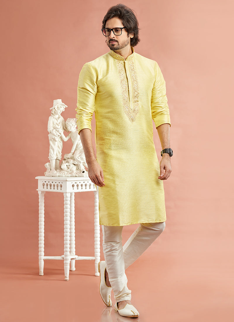 Banarasi Art Silk Yellow Festival Wear Machine Work Readymade Kurta Pajama