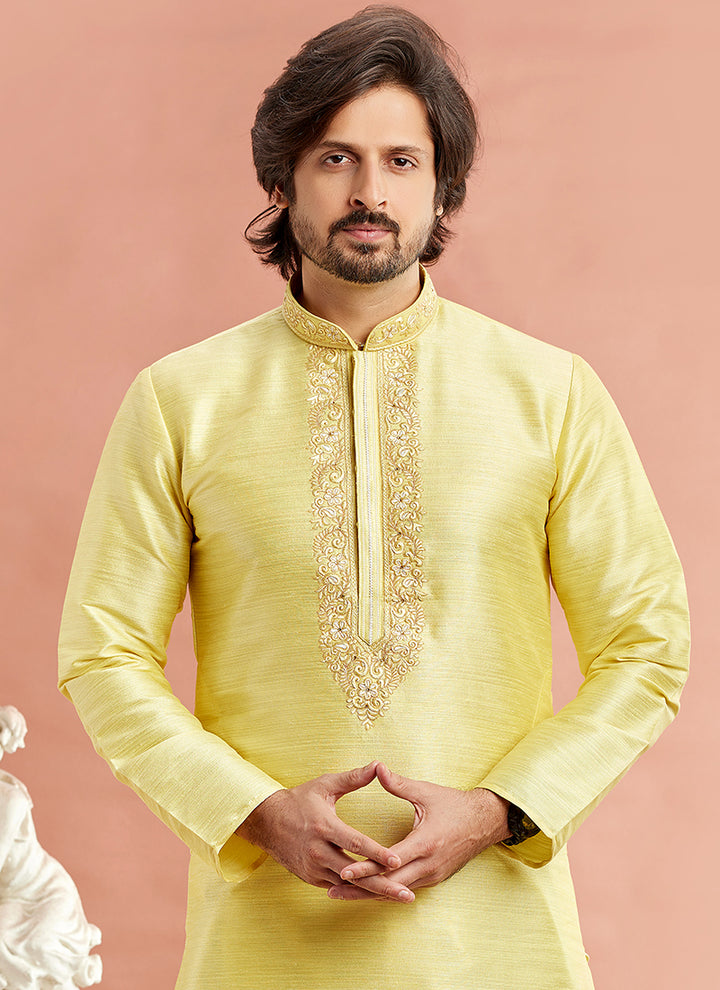 Banarasi Art Silk Yellow Festival Wear Machine Work Readymade Kurta Pajama