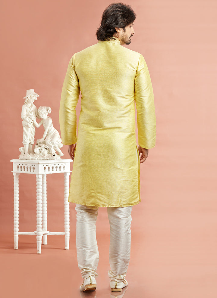 Banarasi Art Silk Yellow Festival Wear Machine Work Readymade Kurta Pajama