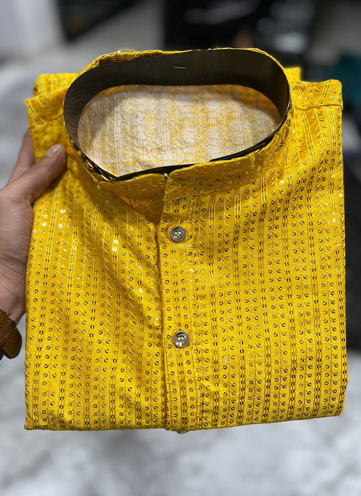 Banglori Silk Yellow Traditional Wear Embroidery Work Readymade Kurta Pyjama