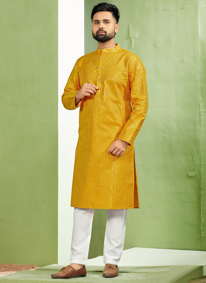 Banglori Silk Yellow Traditional Wear Embroidery Work Readymade Kurta Pyjama