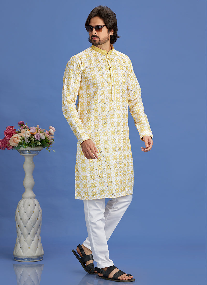Cotton Yellow Festival Wear Embroidery Work Kurta Pajama