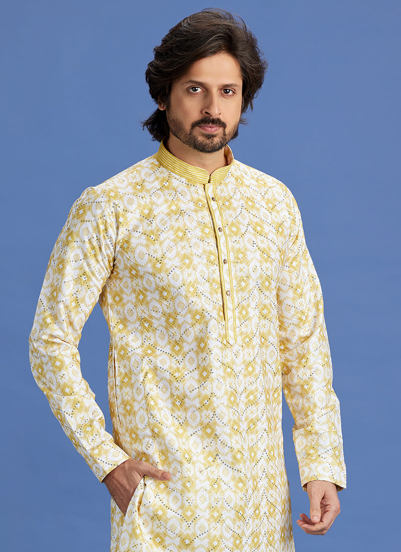 Cotton Yellow Festival Wear Embroidery Work Kurta Pajama