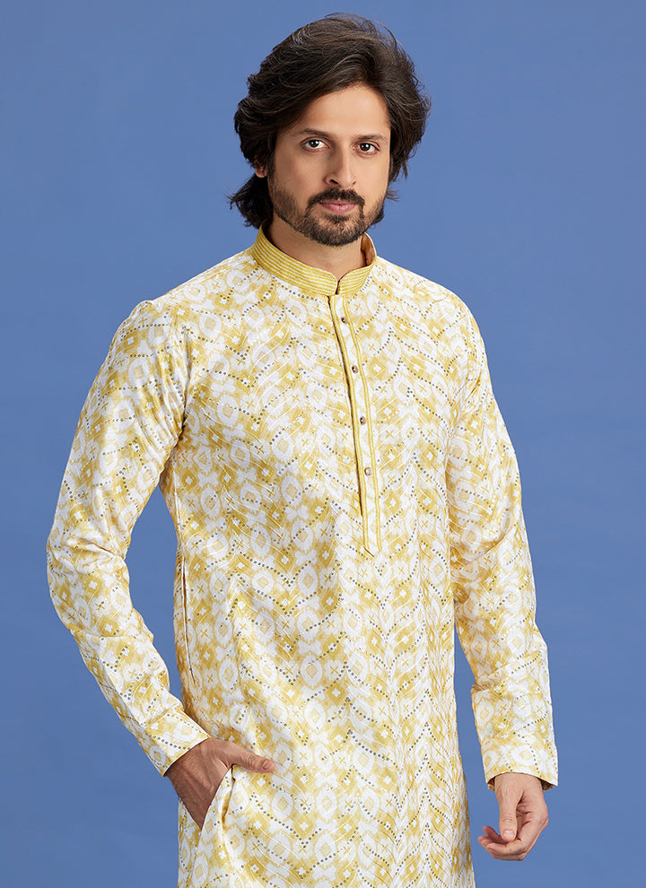Cotton Yellow Festival Wear Embroidery Work Kurta Pajama