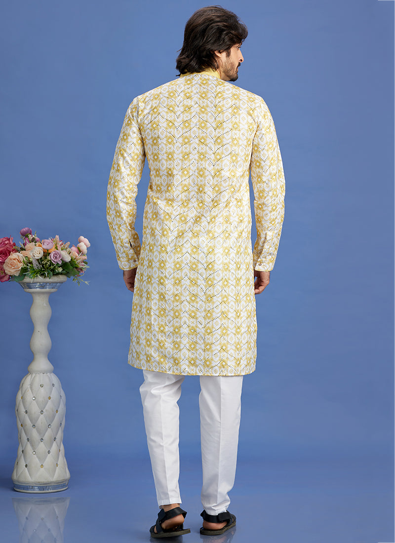 Cotton Yellow Festival Wear Embroidery Work Kurta Pajama
