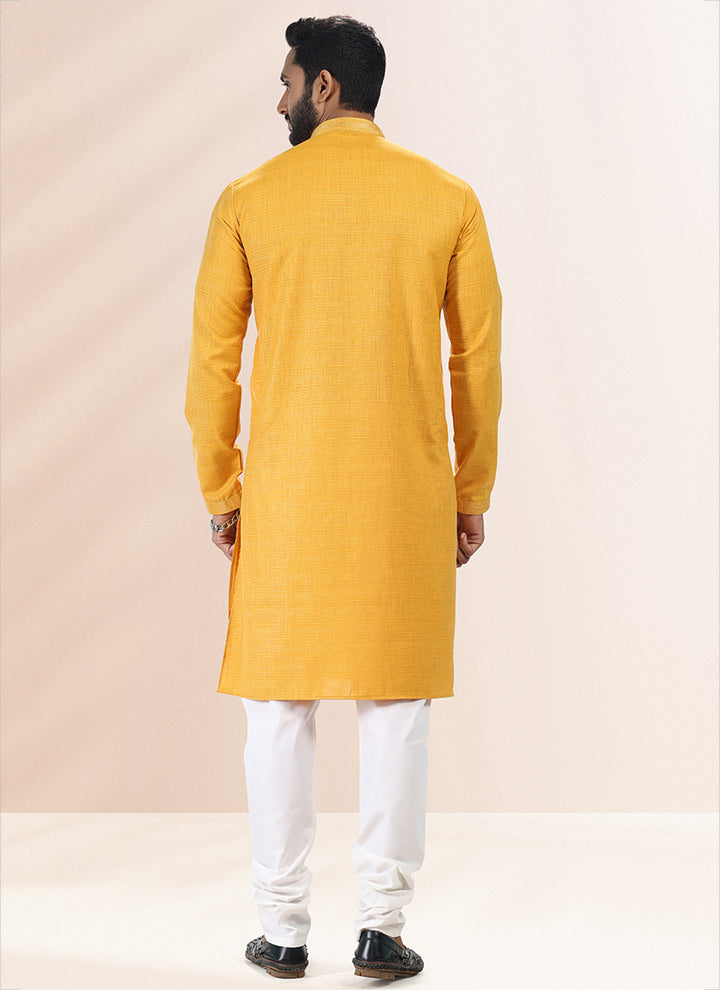 Yellow Cotton Linen Festival Wear Pintux Kurta Pajama