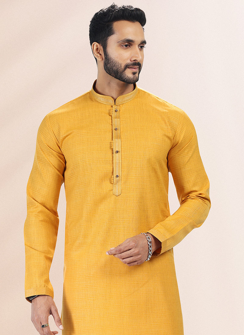 Yellow Cotton Linen Festival Wear Pintux Kurta Pajama