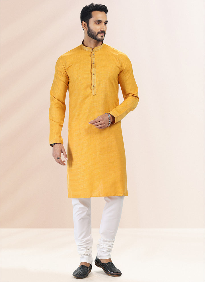 Yellow Cotton Linen Festival Wear Pintux Kurta Pajama