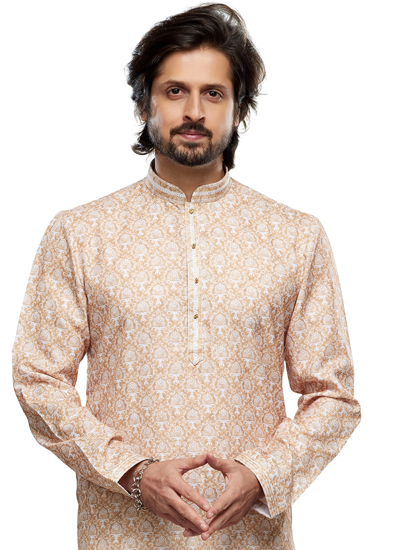 Yellow Cotton Party Wear Thread Work Readymade Mens Kurta Pajama