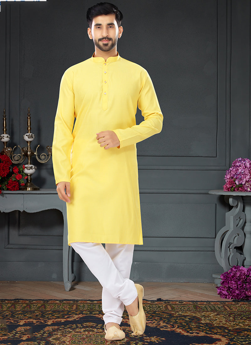Yellow Cotton Traditional Wear Jacquard Kurta Pajama