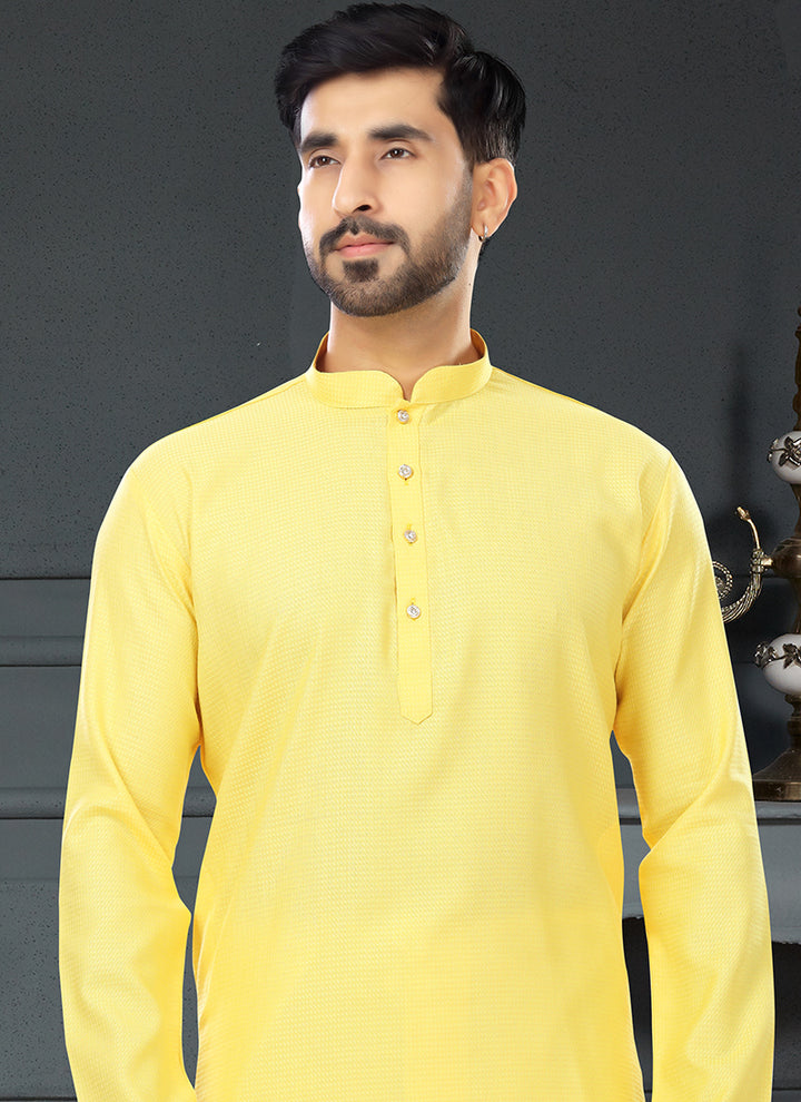 Yellow Cotton Traditional Wear Jacquard Kurta Pajama