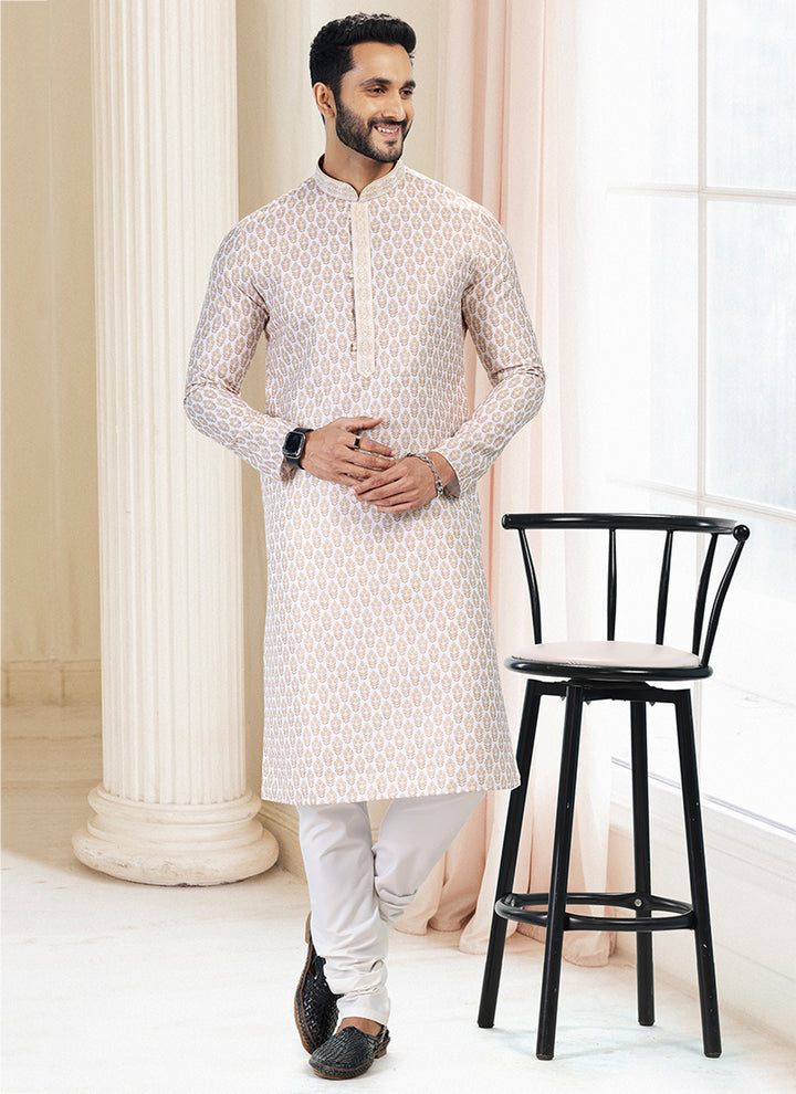 Yellow Cotton Traditional Wear Thread Work Kurta Pajama