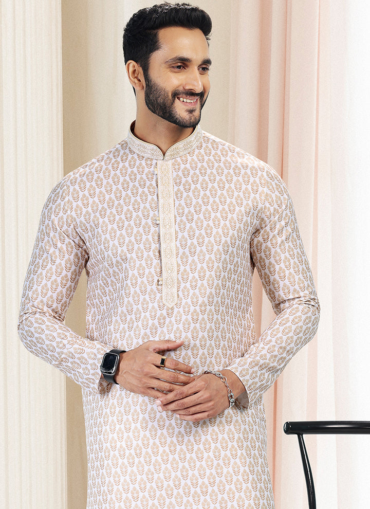 Yellow Cotton Traditional Wear Thread Work Kurta Pajama