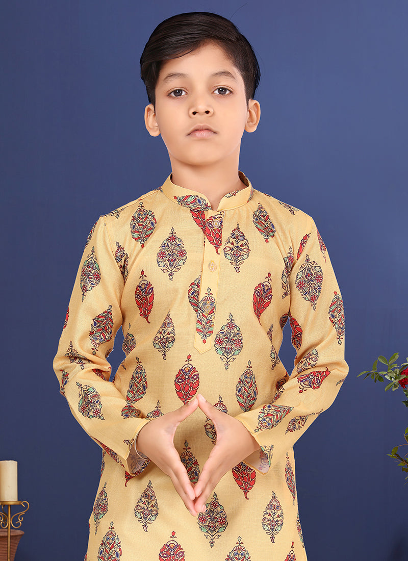 Cotton Yellow Wedding Wear Digital Printed Readymade Kurta Pajama