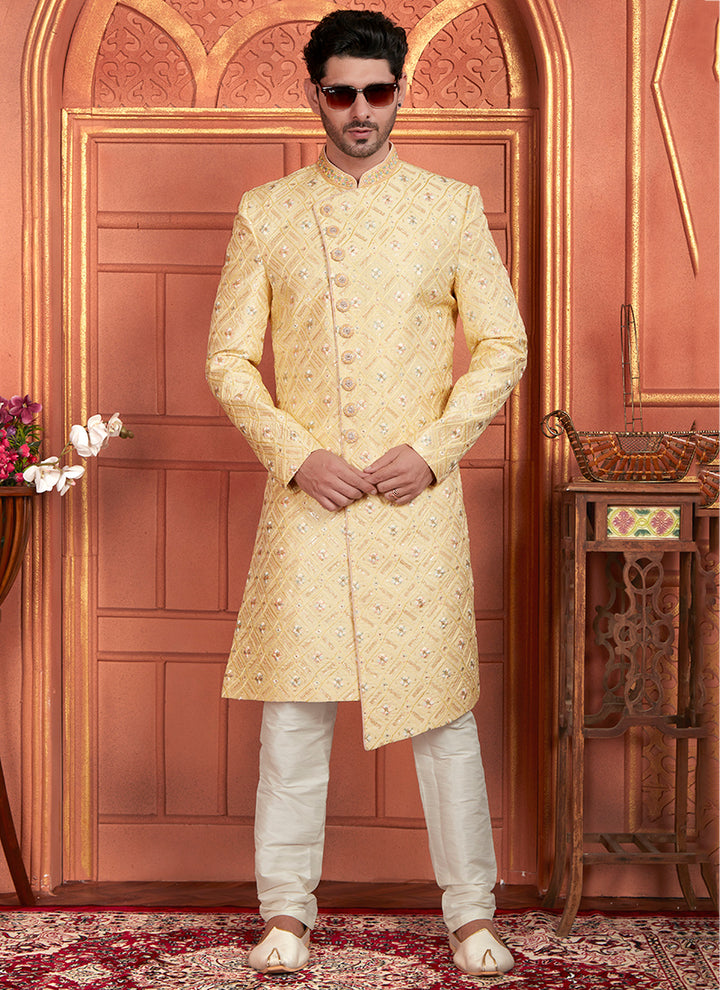 Dhupion Art Silk Yellow Wedding Wear Thread Work Readymade Sherwani