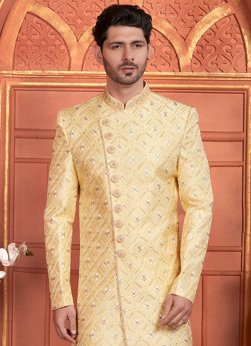 Dhupion Art Silk Yellow Wedding Wear Thread Work Readymade Sherwani