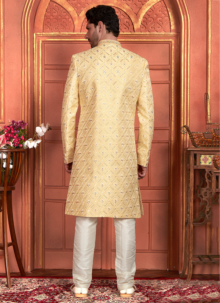 Dhupion Art Silk Yellow Wedding Wear Thread Work Readymade Sherwani