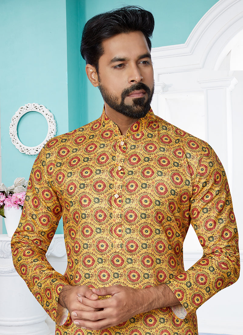 Dhupion Silk Yellow Festival Wear Printed Readymade Kurta Pajama