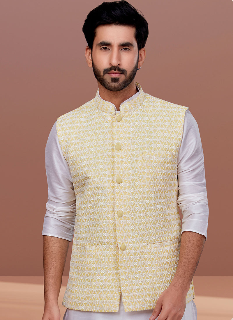 Embroidered Georgette Yellow Festival Wear Embroidery Work Readymade Men's Waist Coat