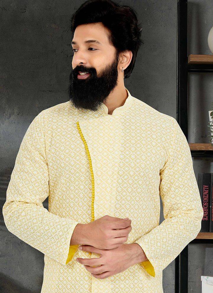 Yellow Georgette Festival Wear Embroidery Work Kurta Pajama