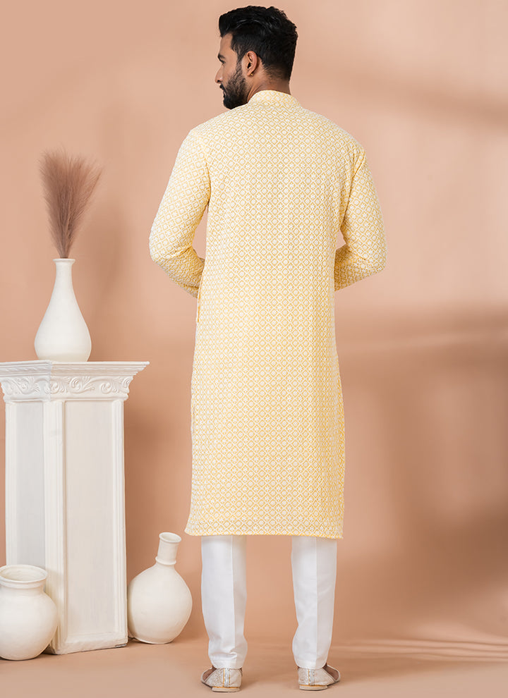 Georgette Yellow Festival Wear Weaving Kurta Pajama