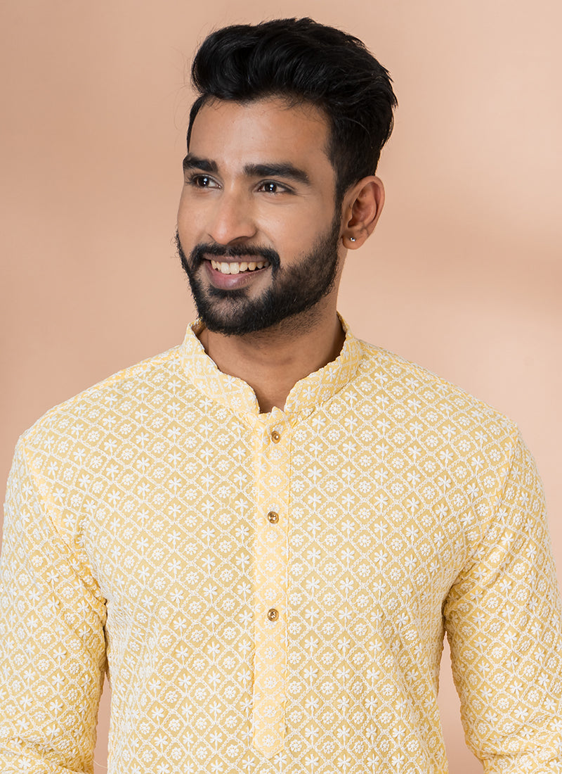 Georgette Yellow Festival Wear Weaving Kurta Pajama