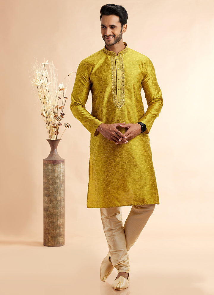 Jacquard Art Silk Yellow Festival Wear Machine Work Readymade Kurta Pajama