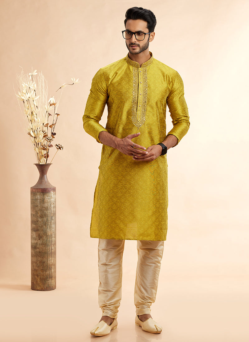 Jacquard Art Silk Yellow Festival Wear Machine Work Readymade Kurta Pajama