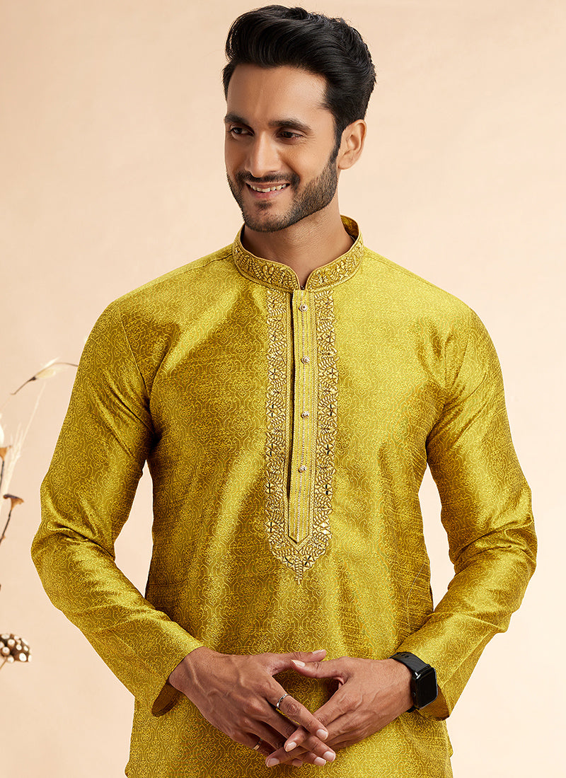 Jacquard Art Silk Yellow Festival Wear Machine Work Readymade Kurta Pajama