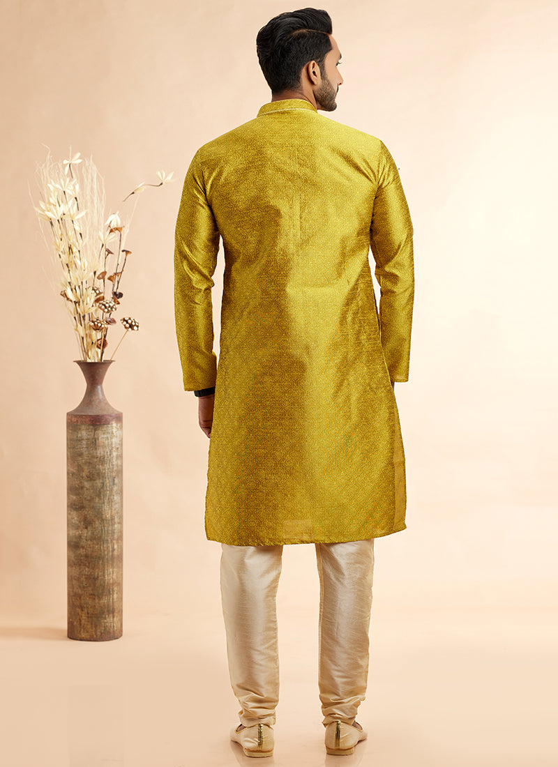 Jacquard Art Silk Yellow Festival Wear Machine Work Readymade Kurta Pajama