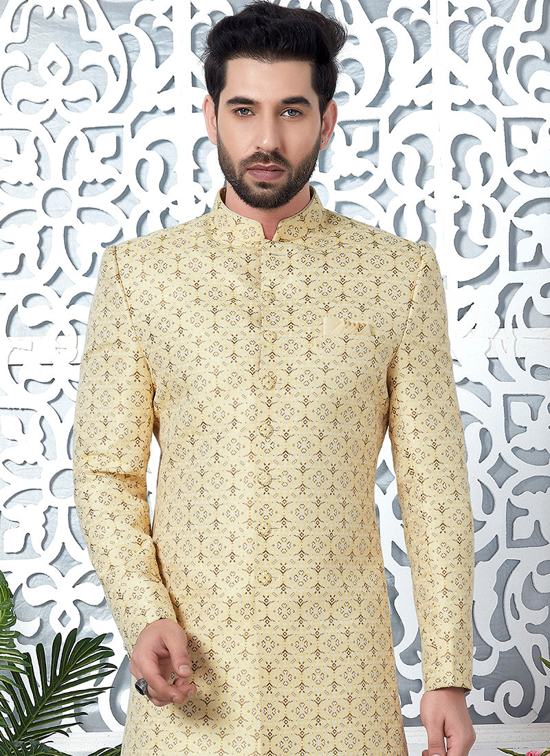 Yellow Jaquard Silk Party Wear Pattern Pc Work Readymade Mens Indo Western