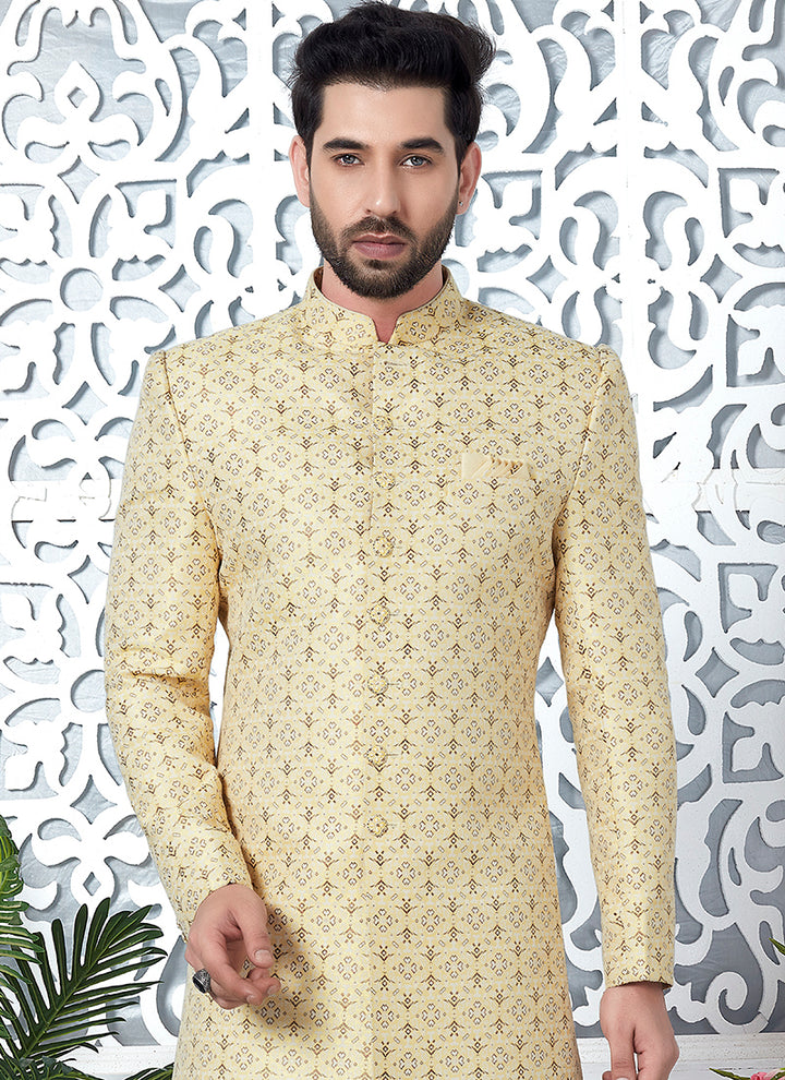 Yellow Jaquard Silk Party Wear Pattern Pc Work Readymade Mens Indo Western