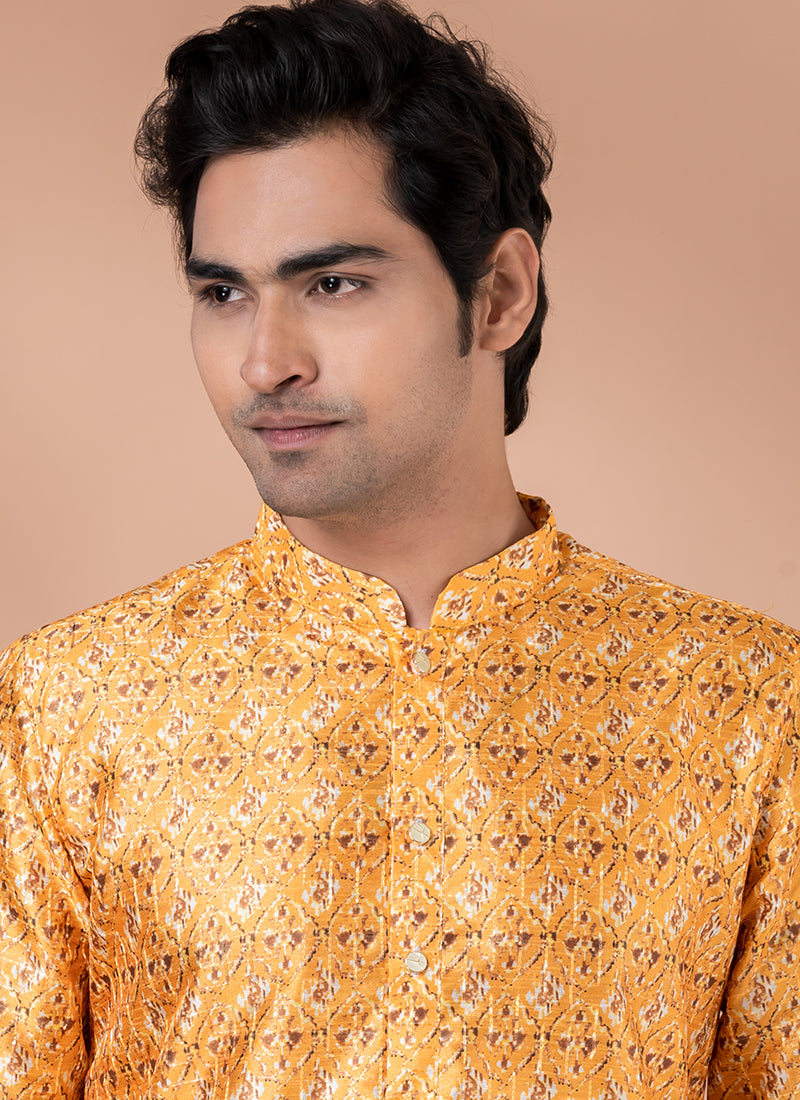 Mono Yellow Festival Wear Crochet Work Kurta Pajama