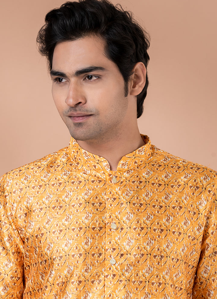 Mono Yellow Festival Wear Crochet Work Kurta Pajama