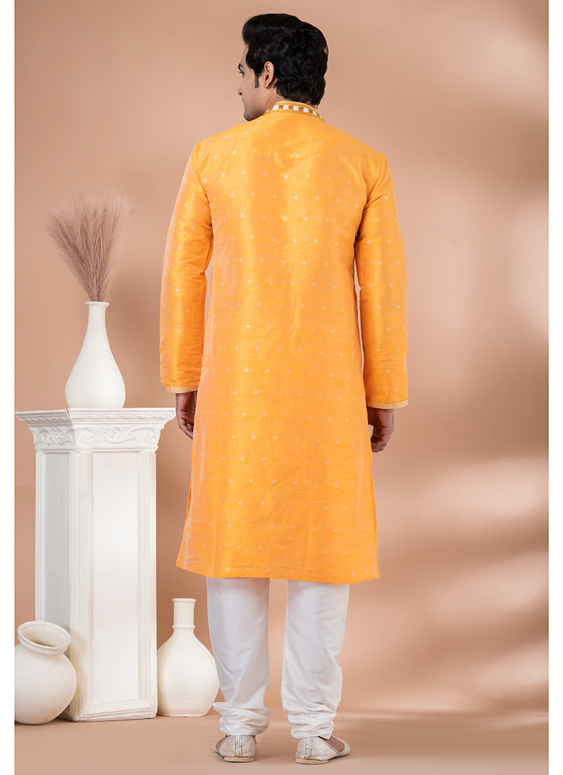 Mulberry Silk Yellow Festival Wear Weaving Kurta Pajama