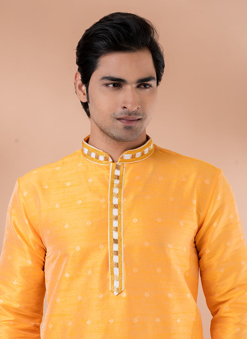 Mulberry Silk Yellow Festival Wear Weaving Kurta Pajama