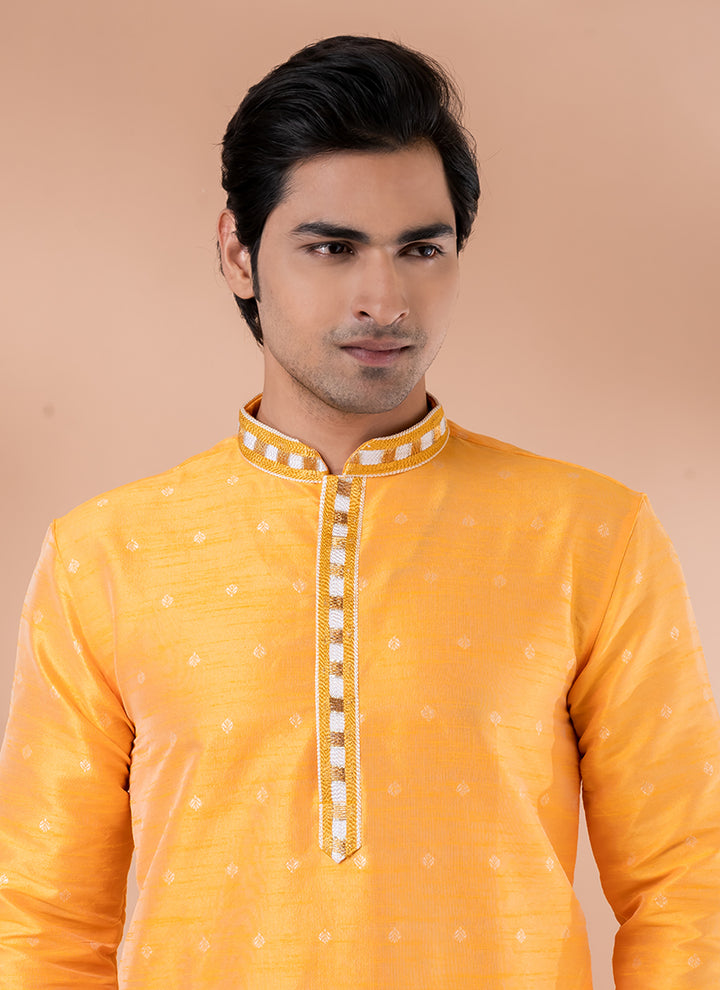 Mulberry Silk Yellow Festival Wear Weaving Kurta Pajama