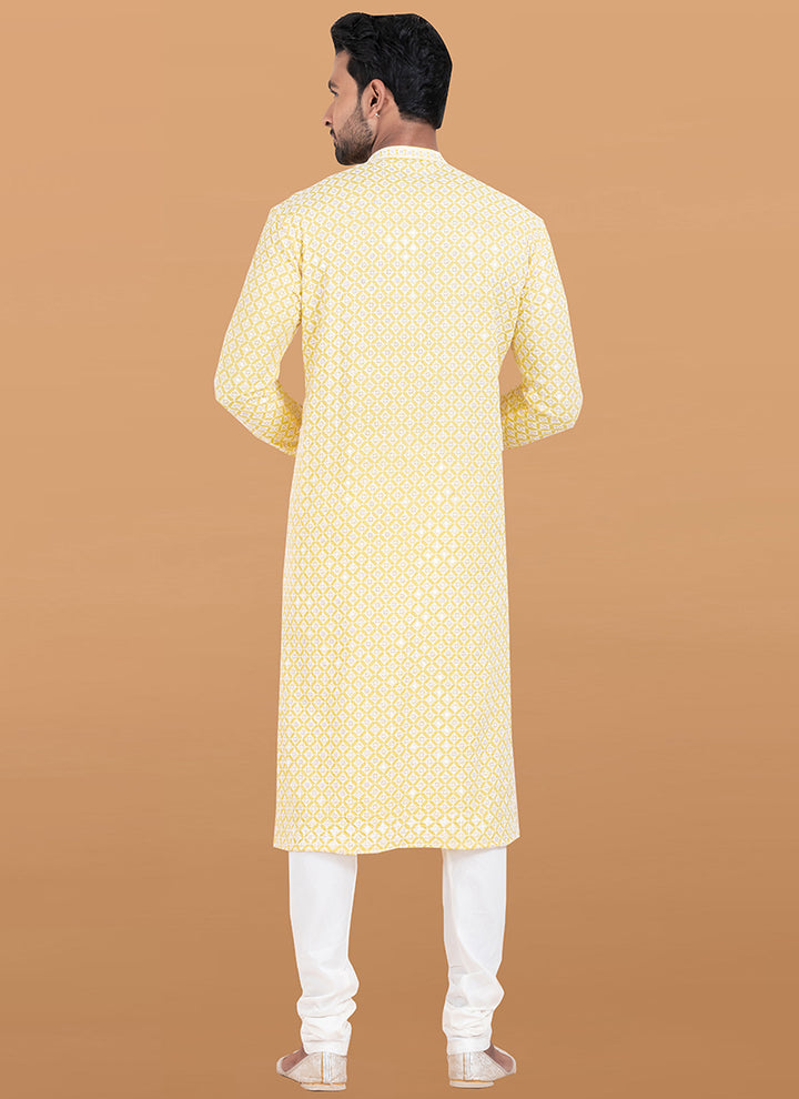 Rayon Yellow Festival Wear Embroidery Work Readymade Kurta Pajama