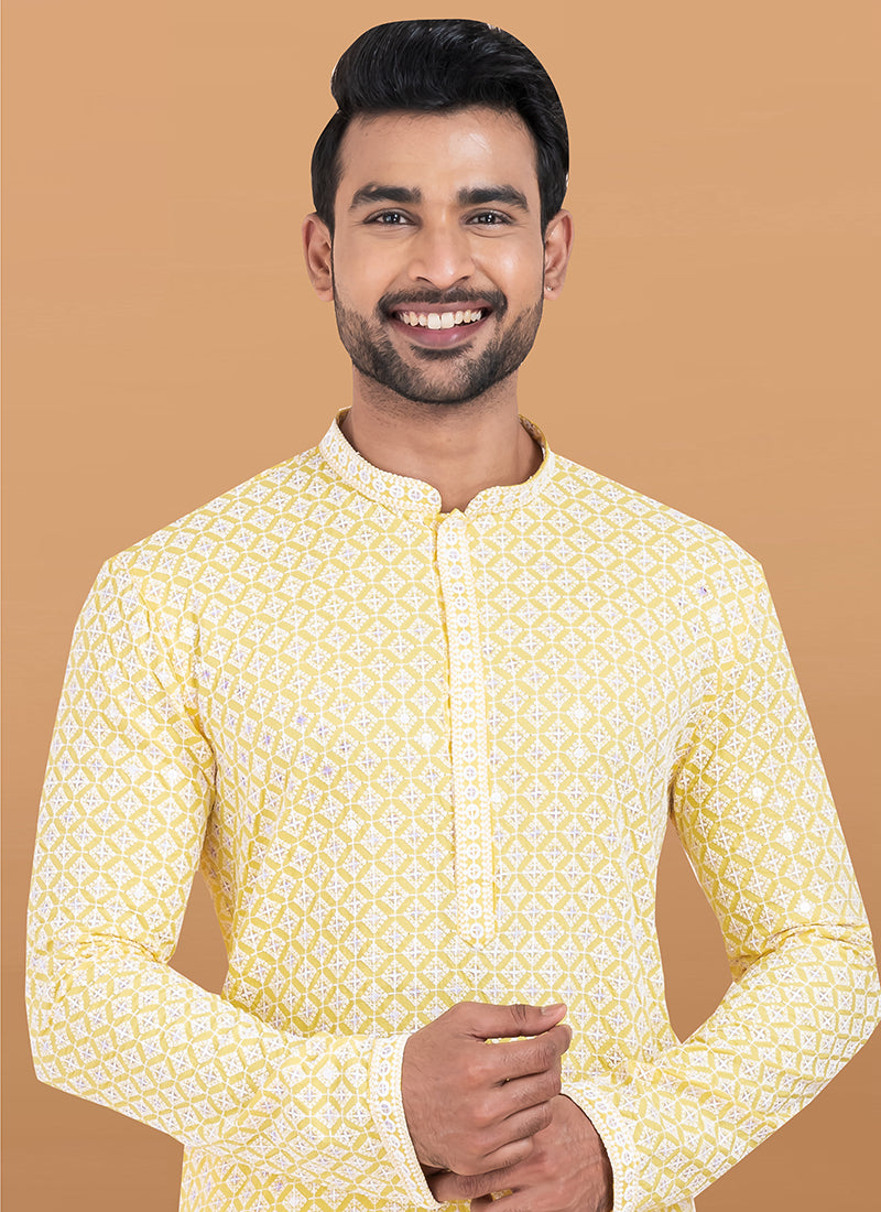 Rayon Yellow Festival Wear Embroidery Work Readymade Kurta Pajama