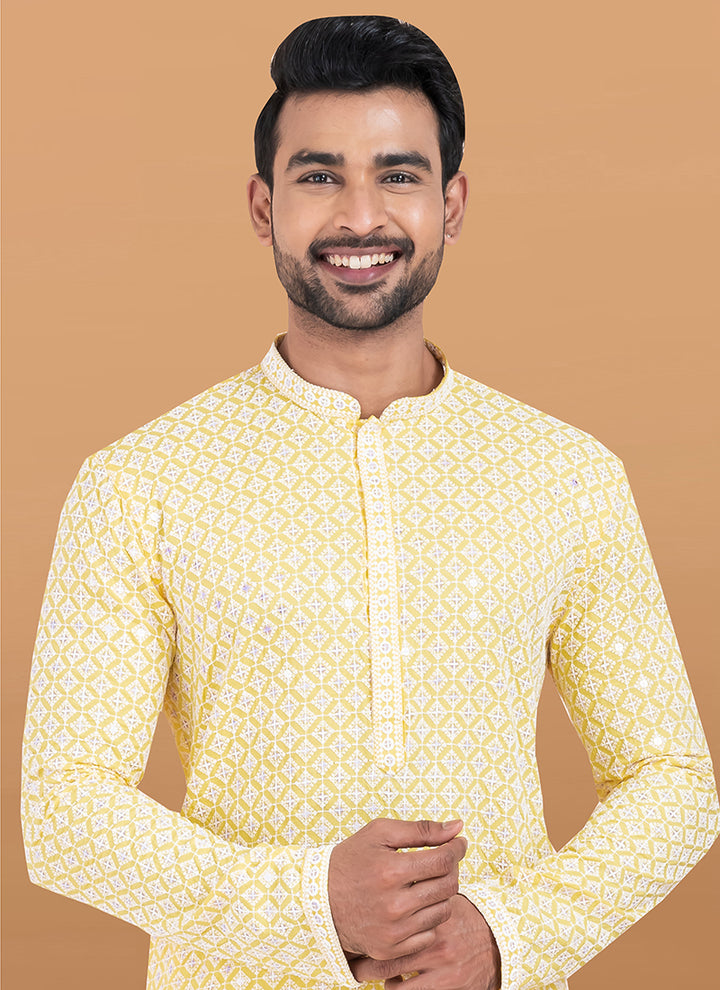 Rayon Yellow Festival Wear Embroidery Work Readymade Kurta Pajama